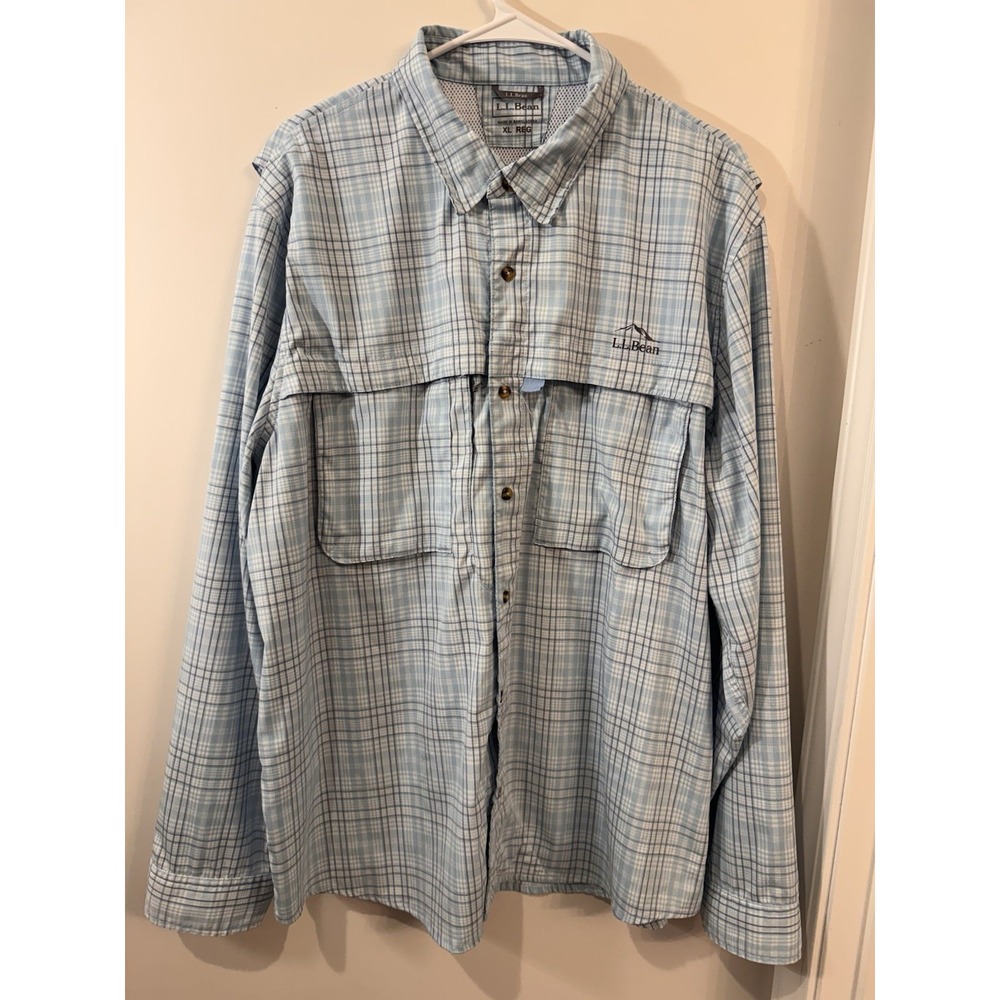 LL Bean Shirt Mens XL Blue White Plaid‎ Long Sleeve Button Up Vented Outdoor UPF